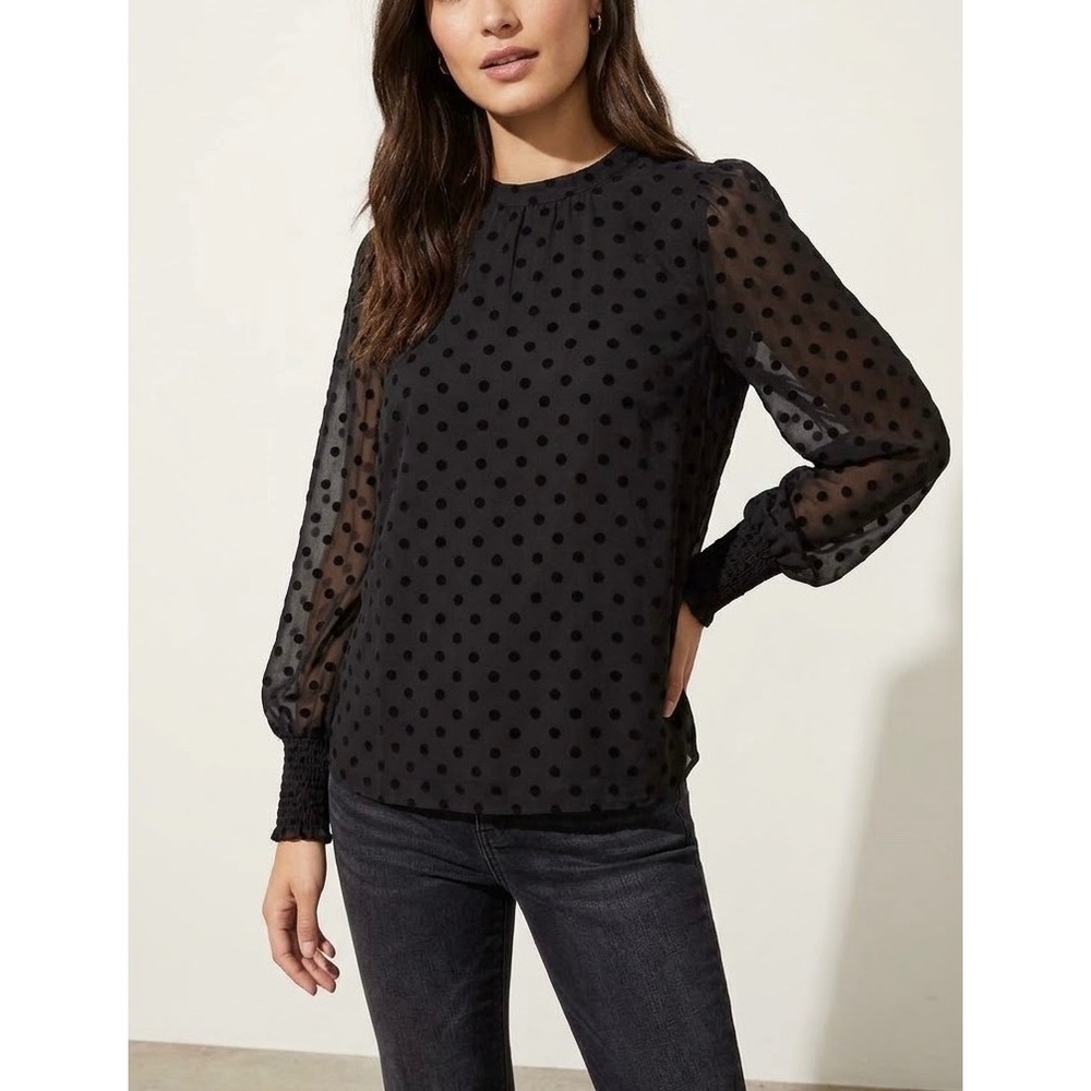 Loft Blouse Black Polka Dot Flocked Velvet Smocked Cuff Women Sizse Small